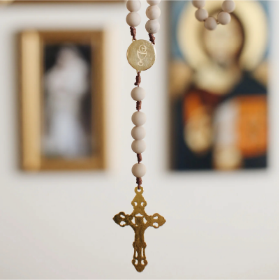 Eucharist (Holy Communion) Rosary | Catholic Rosary with White Beads & Gold Crucifix