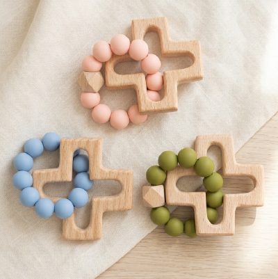 Silicone and Wood Cross Decade Teether - NEW COLOUR RANGE