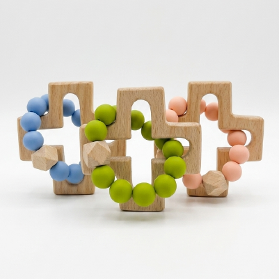 Silicone and Wood Cross Decade Teether - NEW COLOUR RANGE