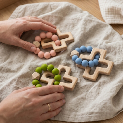 Silicone and Wood Cross Decade Teether - NEW COLOUR RANGE