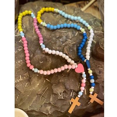 Colourful Wooden Rosary Beads with Prayer Cards