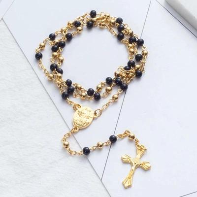 Rosary Beads Jesus Cross and Virgin Mary Pendant - Gold and Black or Gold and Pearl