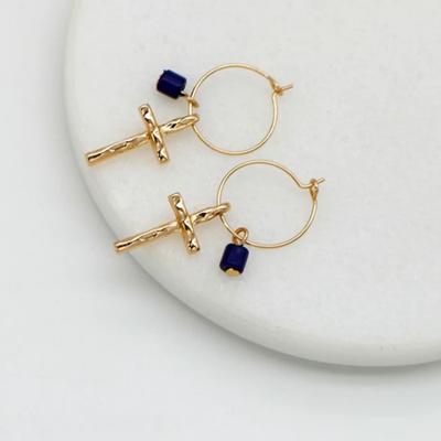 Cross Earrings - Hammered Gold Metal with Sapphire Coloured beads