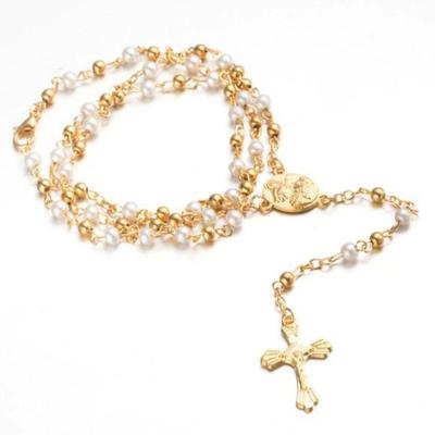 Rosary Beads Jesus Cross and Virgin Mary Pendant - Gold and Black or Gold and Pearl